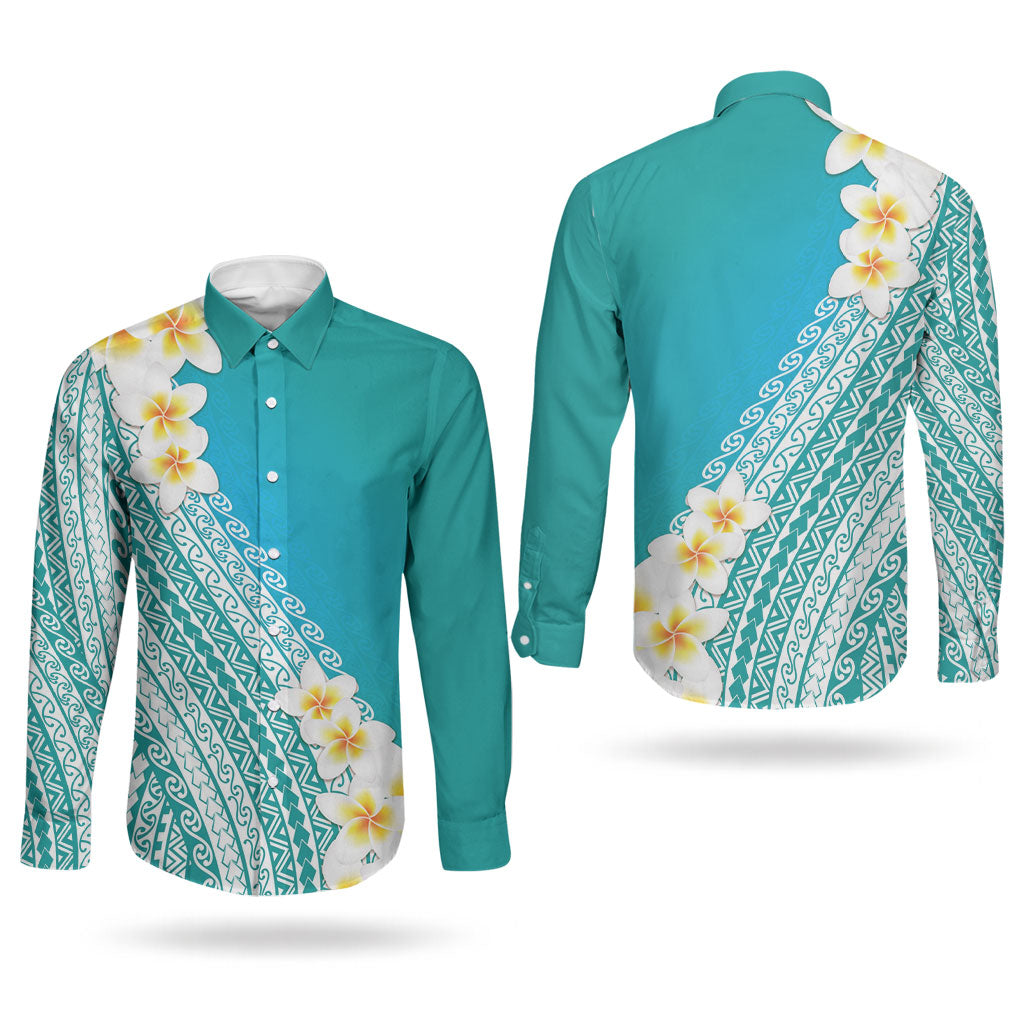 Tahiti Plumeria Tribal Pattern Couples Matching Long Sleeve Bodycon Dress and Long Sleeve Button Shirt Wave Style Turquoise LT05 - Polynesian Pride