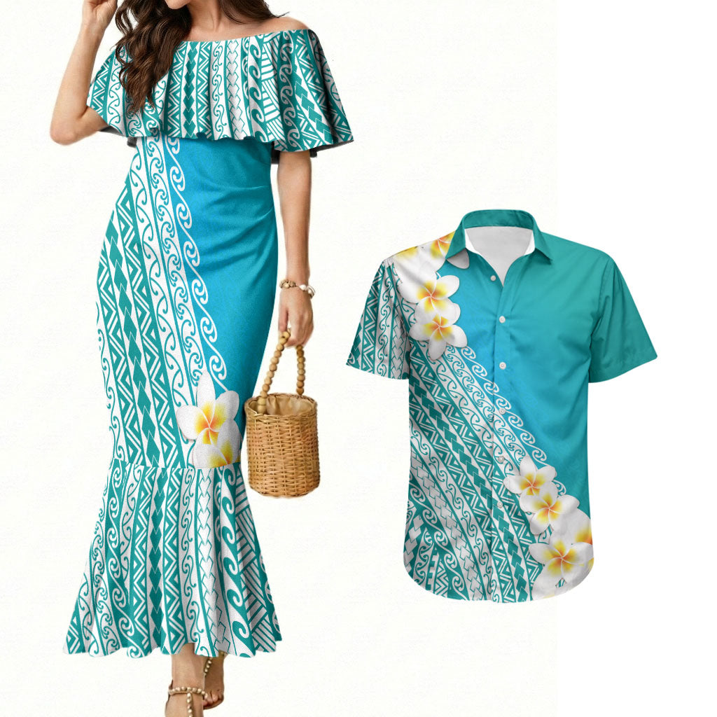 Tahiti Plumeria Tribal Pattern Couples Matching Mermaid Dress and Hawaiian Shirt Wave Style Turquoise LT05 Turquoise - Polynesian Pride
