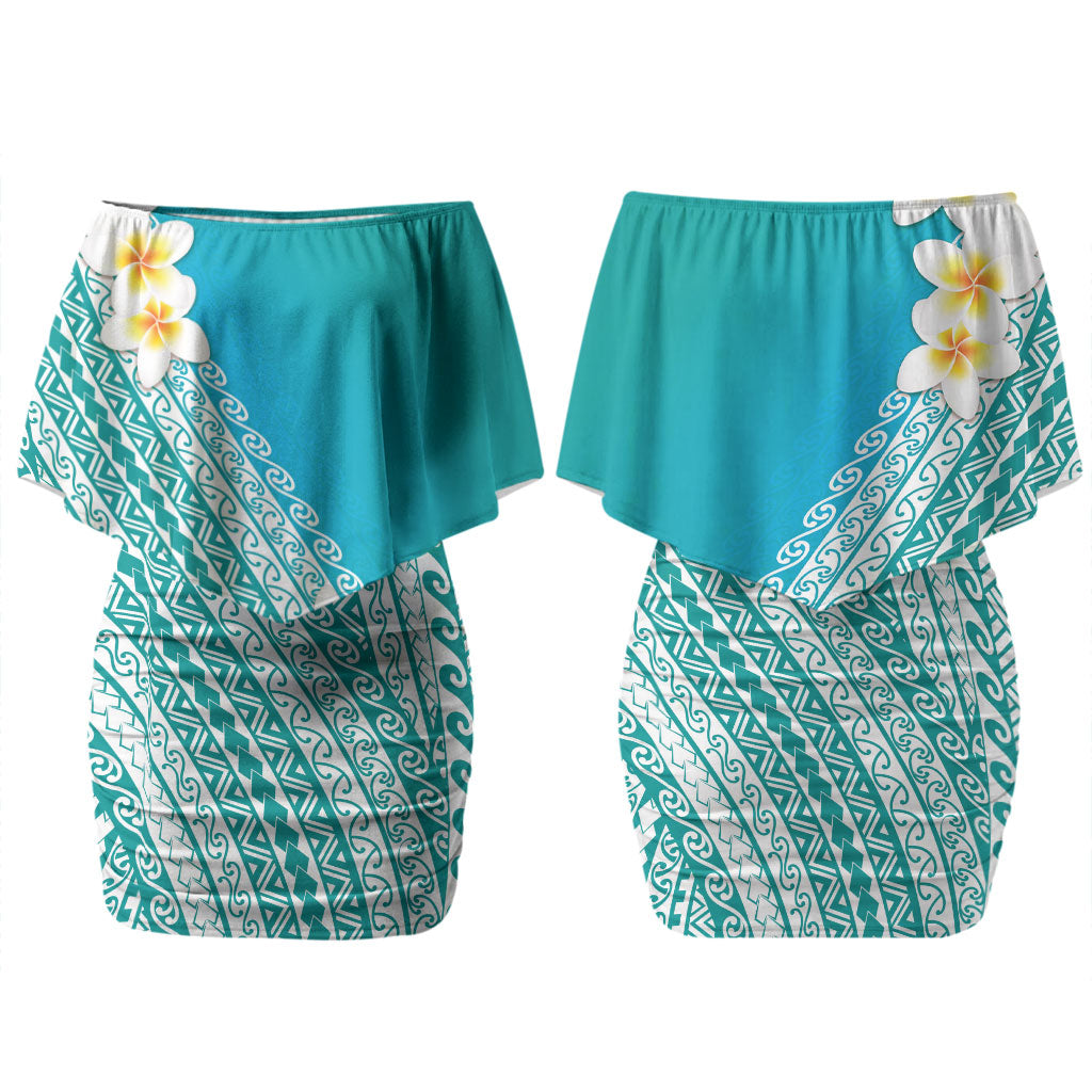 Tahiti Plumeria Tribal Pattern Couples Matching Off Shoulder Short Dress and Long Sleeve Button Shirt Wave Style Turquoise LT05 - Polynesian Pride