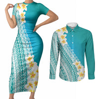 Tahiti Plumeria Tribal Pattern Couples Matching Short Sleeve Bodycon Dress and Long Sleeve Button Shirt Wave Style Turquoise LT05 Turquoise - Polynesian Pride