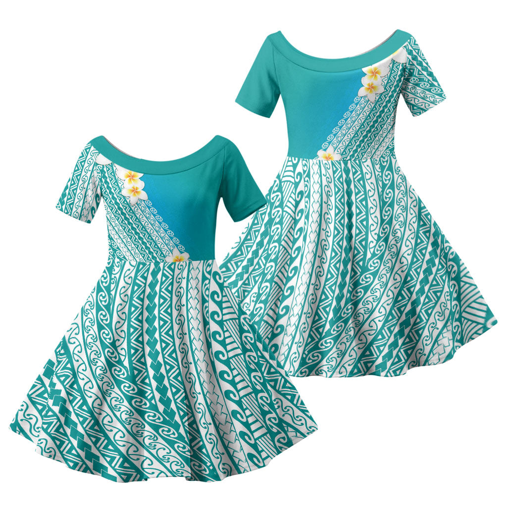 Tahiti Plumeria Tribal Pattern Family Matching Mermaid Dress and Hawaiian Shirt Wave Style Turquoise LT05 Daughter's Dress Turquoise - Polynesian Pride
