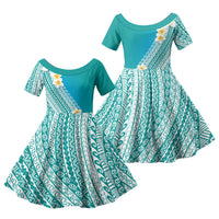 Tahiti Plumeria Tribal Pattern Family Matching Mermaid Dress and Hawaiian Shirt Wave Style Turquoise LT05 Daughter's Dress Turquoise - Polynesian Pride
