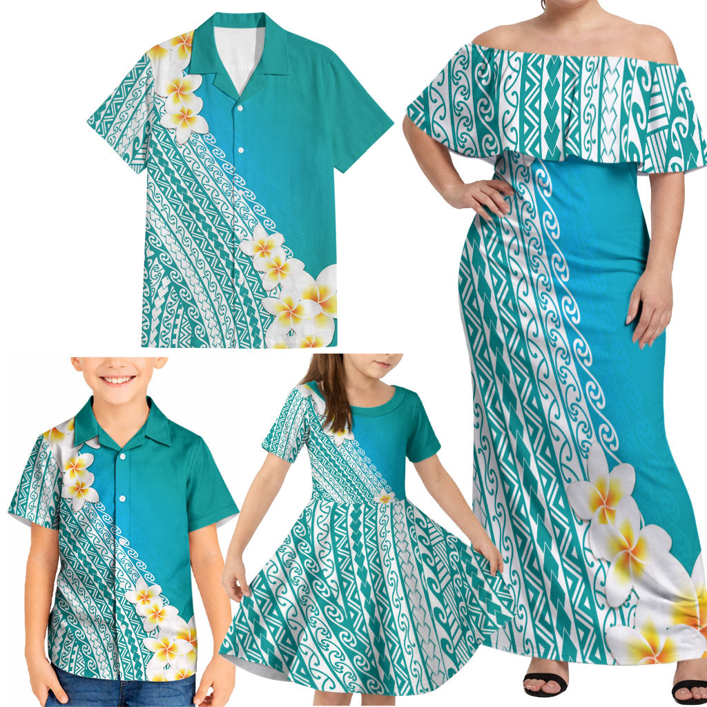 Tahiti Plumeria Tribal Pattern Family Matching Off Shoulder Maxi Dress and Hawaiian Shirt Wave Style Turquoise LT05 - Polynesian Pride