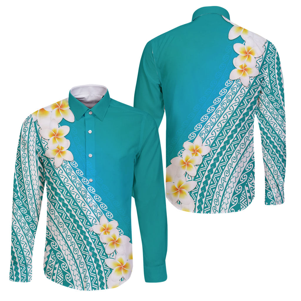 Tahiti Plumeria Tribal Pattern Family Matching Off Shoulder Maxi Dress and Hawaiian Shirt Wave Style Turquoise LT05 Dad's Shirt - Long Sleeve Turquoise - Polynesian Pride