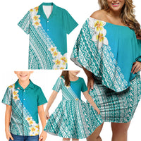 Tahiti Plumeria Tribal Pattern Family Matching Off Shoulder Short Dress and Hawaiian Shirt Wave Style Turquoise LT05 - Polynesian Pride