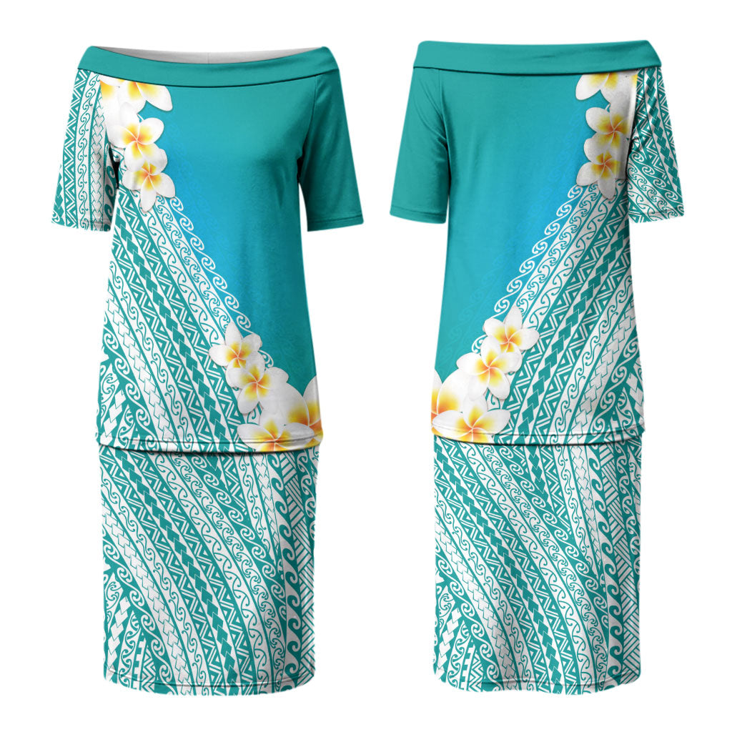 Tahiti Plumeria Tribal Pattern Family Matching Puletasi and Hawaiian Shirt Wave Style Turquoise LT05 Mom's Dress Turquoise - Polynesian Pride