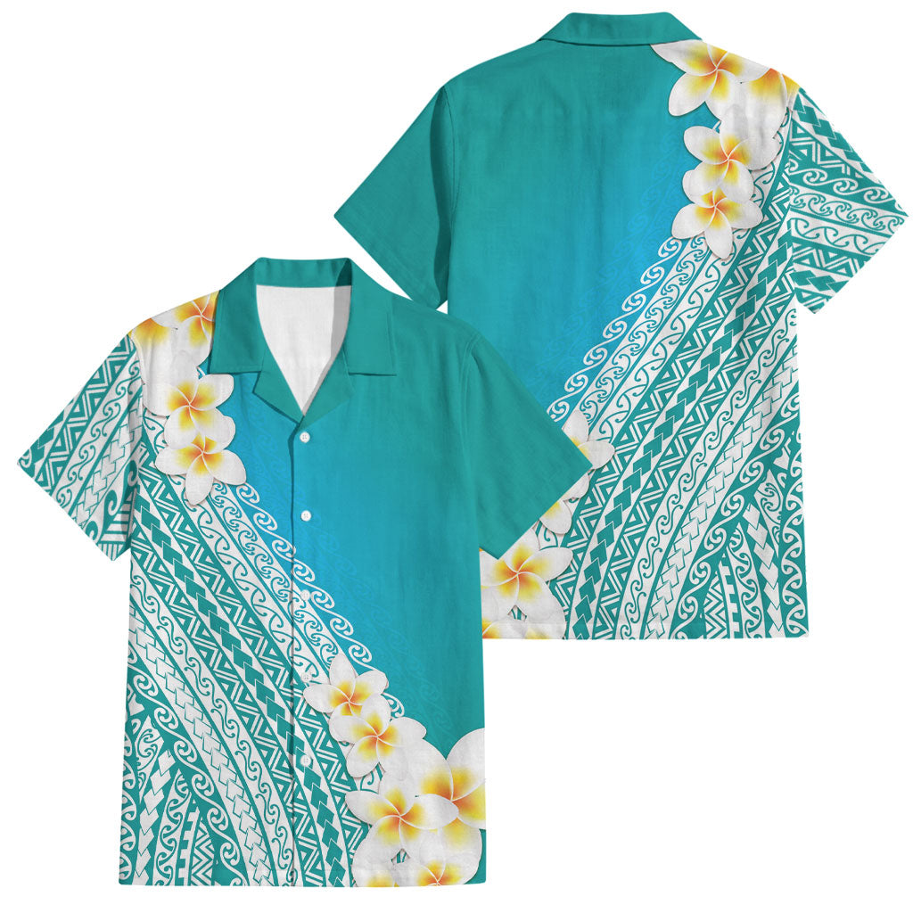 Tahiti Plumeria Tribal Pattern Family Matching Summer Maxi Dress and Hawaiian Shirt Wave Style Turquoise LT05 Dad's Shirt - Short Sleeve Turquoise - Polynesian Pride