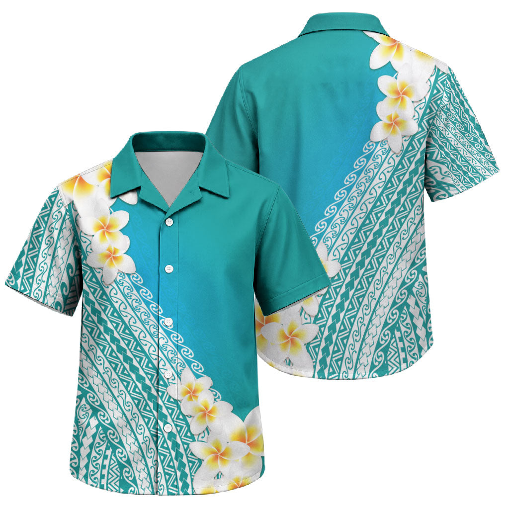 Tahiti Plumeria Tribal Pattern Family Matching Summer Maxi Dress and Hawaiian Shirt Wave Style Turquoise LT05 Son's Shirt Turquoise - Polynesian Pride