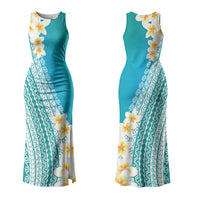 Tahiti Plumeria Tribal Pattern Family Matching Tank Maxi Dress and Hawaiian Shirt Wave Style Turquoise LT05 Mom's Dress Turquoise - Polynesian Pride