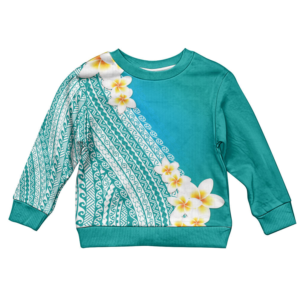 Tahiti Plumeria Tribal Pattern Kid Ugly Christmas Sweater Wave Style Turquoise LT05 Kid Turquoise - Polynesian Pride