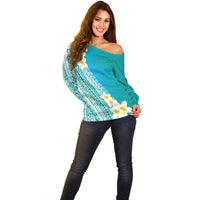 Tahiti Plumeria Tribal Pattern Off Shoulder Sweater Wave Style Turquoise LT05 - Polynesian Pride