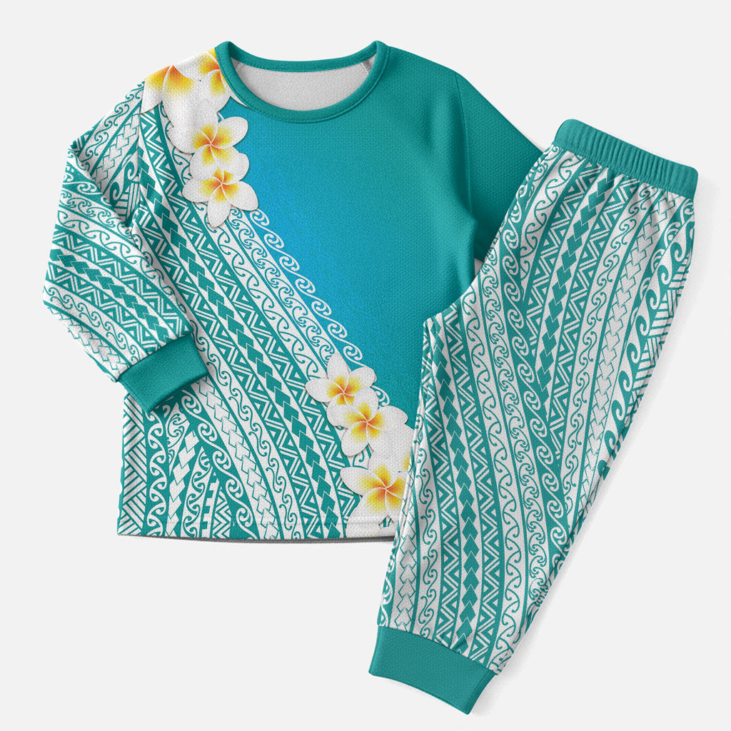 Tahiti Plumeria Tribal Pattern Christmas Pajama Set Wave Style Turquoise LT05 Men Turquoise - Polynesian Pride