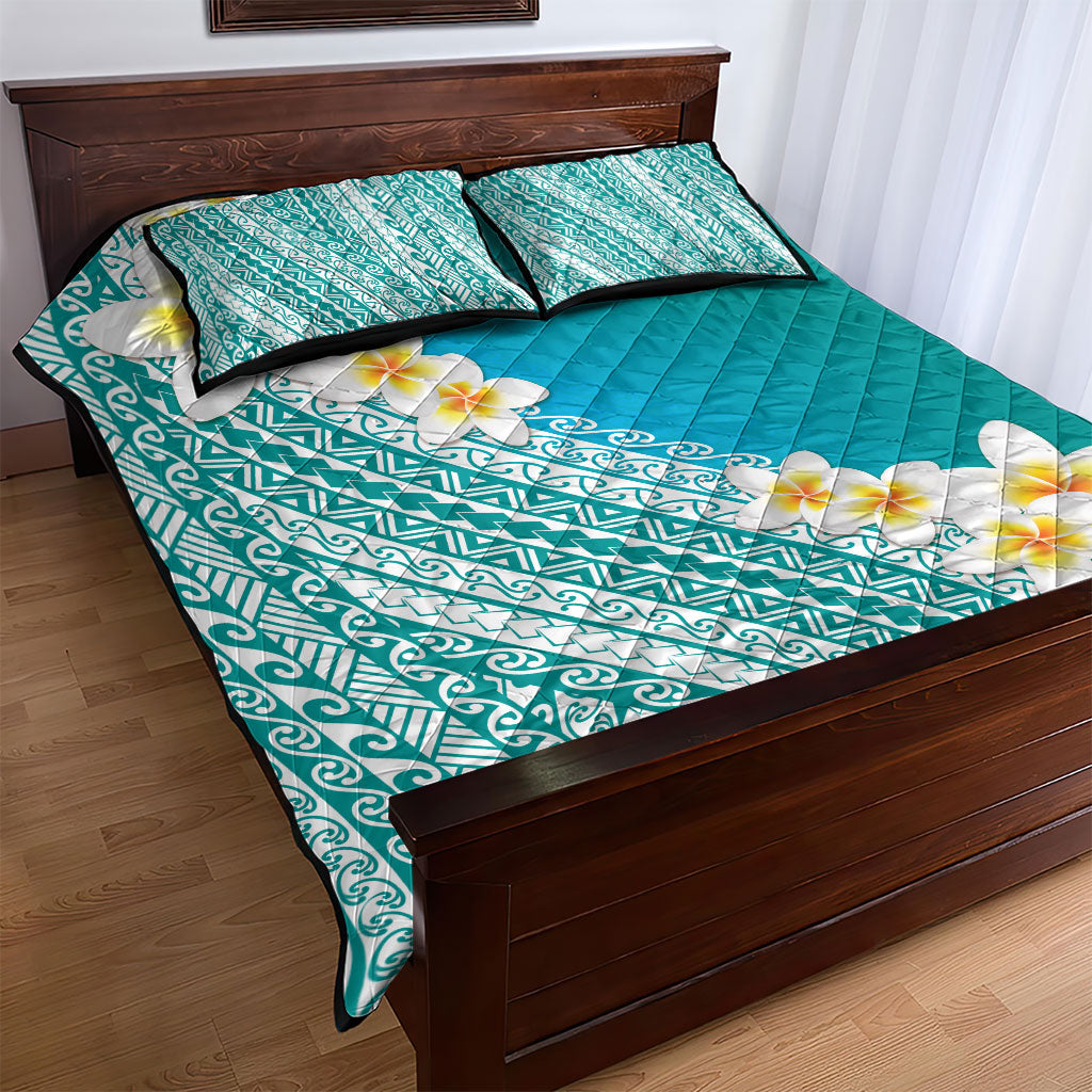 Tahiti Plumeria Tribal Pattern Quilt Bed Set Wave Style Turquoise LT05 - Polynesian Pride