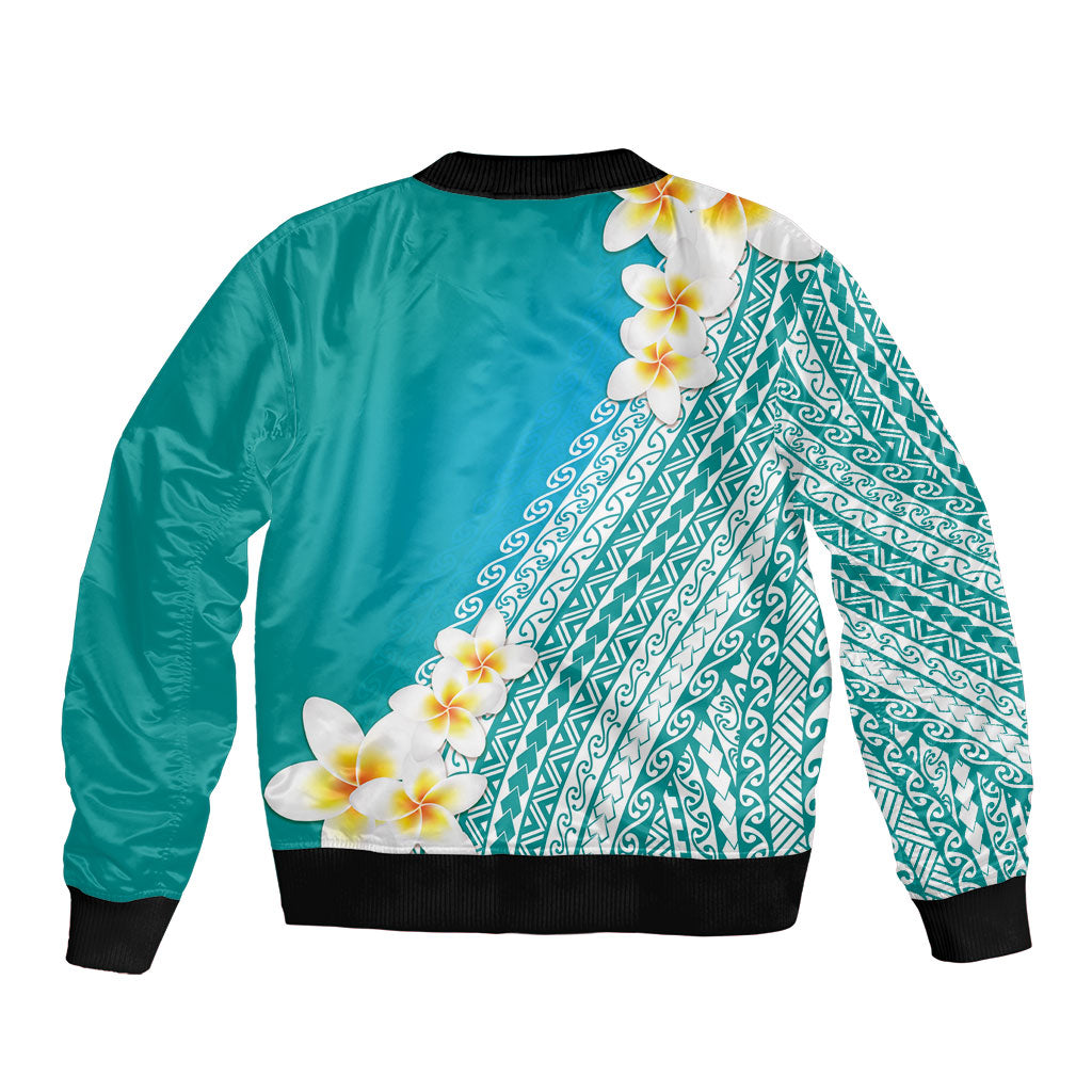Tahiti Plumeria Tribal Pattern Sleeve Zip Bomber Jacket Wave Style Turquoise LT05 - Polynesian Pride