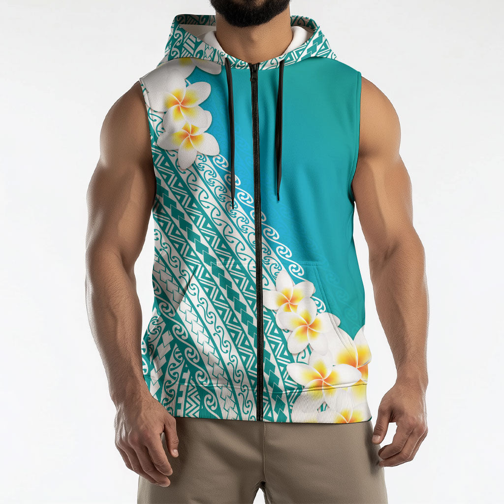 Tahiti Plumeria Tribal Pattern Sleeveless Zip Hoodie Wave Style Turquoise LT05 - Polynesian Pride