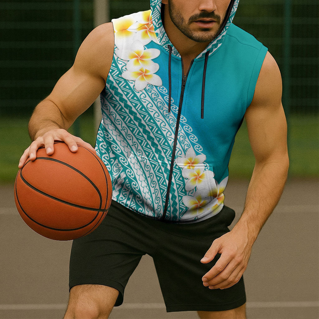Tahiti Plumeria Tribal Pattern Sleeveless Zip Hoodie Wave Style Turquoise LT05 - Polynesian Pride