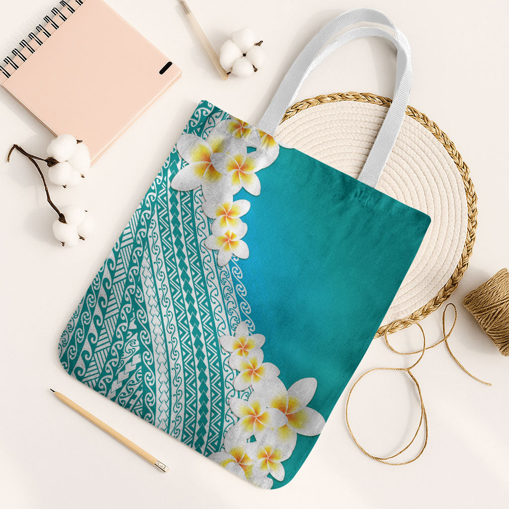 Tahiti Plumeria Tribal Pattern Tote Bag Wave Style Turquoise LT05 White Strap One Size Turquoise - Polynesian Pride