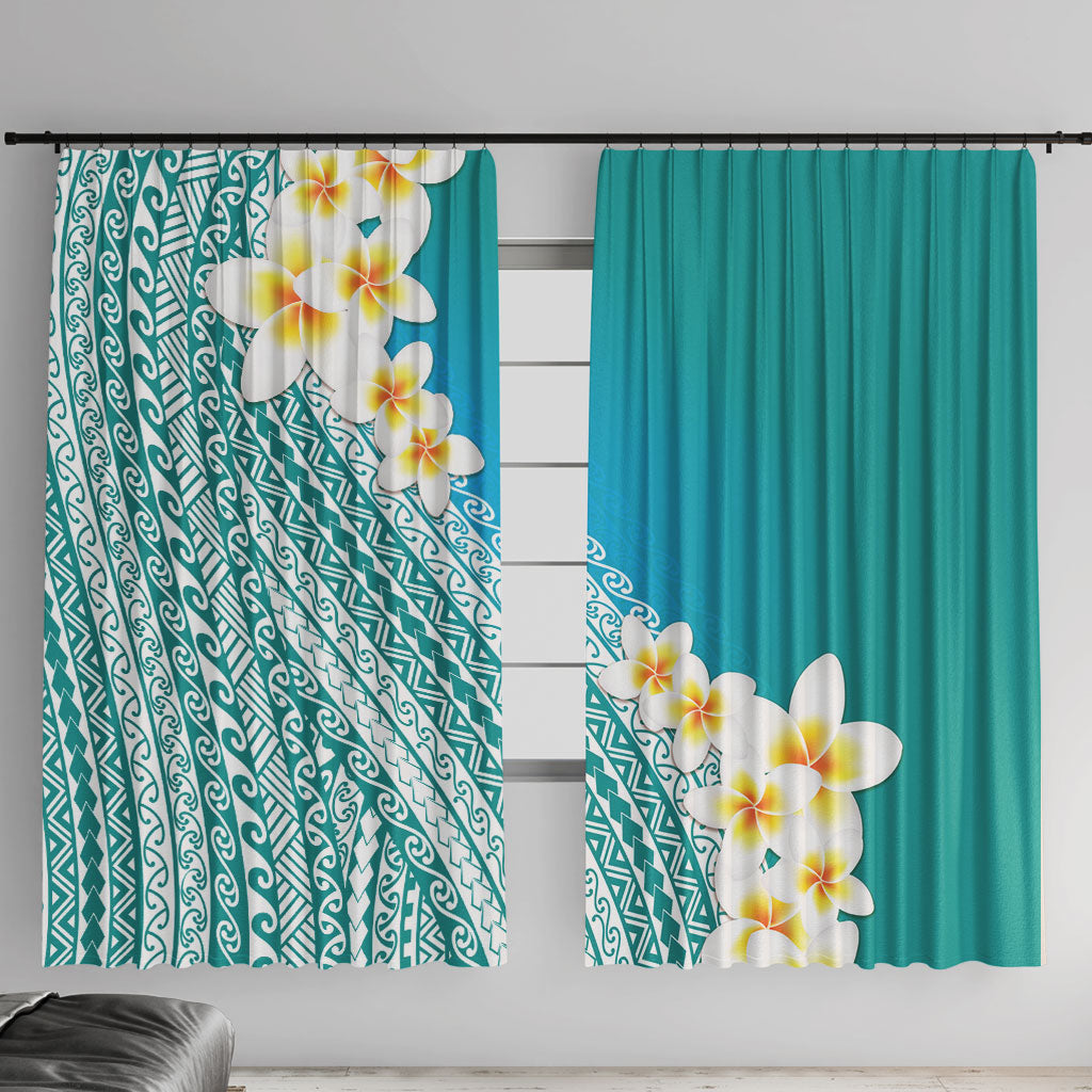 Tahiti Plumeria Tribal Pattern Window Curtain Wave Style Turquoise LT05 With Hooks Turquoise - Polynesian Pride
