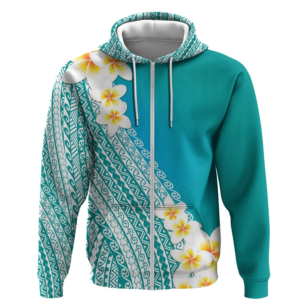 Tahiti Plumeria Tribal Pattern Zip Hoodie Wave Style Turquoise LT05 Zip Hoodie Turquoise - Polynesian Pride