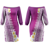 Tahiti Plumeria Tribal Pattern Couples Matching Off The Shoulder Long Sleeve Dress and Hawaiian Shirt Wave Style Purple LT05 - Polynesian Pride