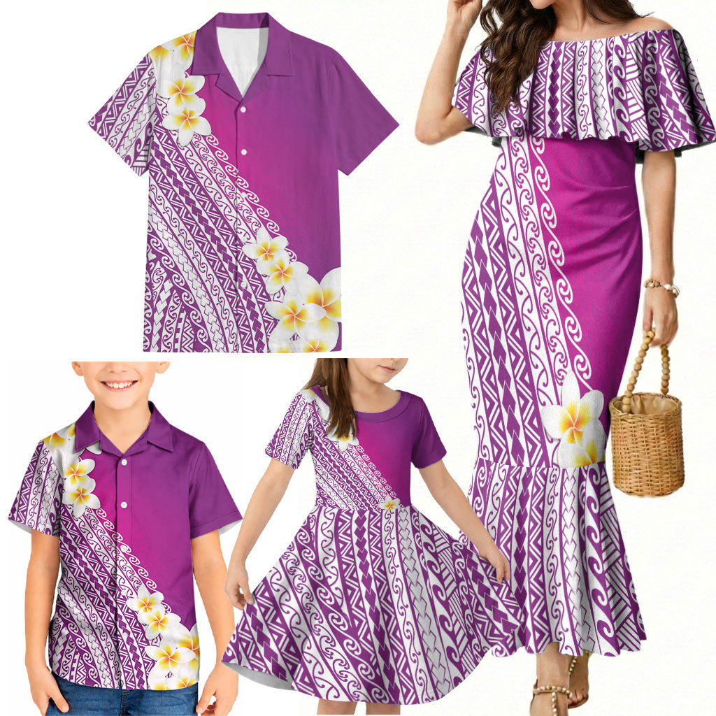 Tahiti Plumeria Tribal Pattern Family Matching Mermaid Dress and Hawaiian Shirt Wave Style Purple LT05 - Polynesian Pride