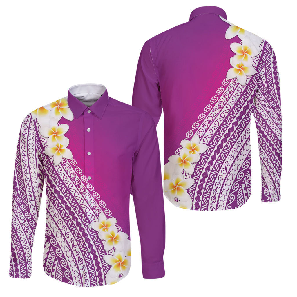 Tahiti Plumeria Tribal Pattern Family Matching Off Shoulder Maxi Dress and Hawaiian Shirt Wave Style Purple LT05 Dad's Shirt - Long Sleeve Purple - Polynesian Pride