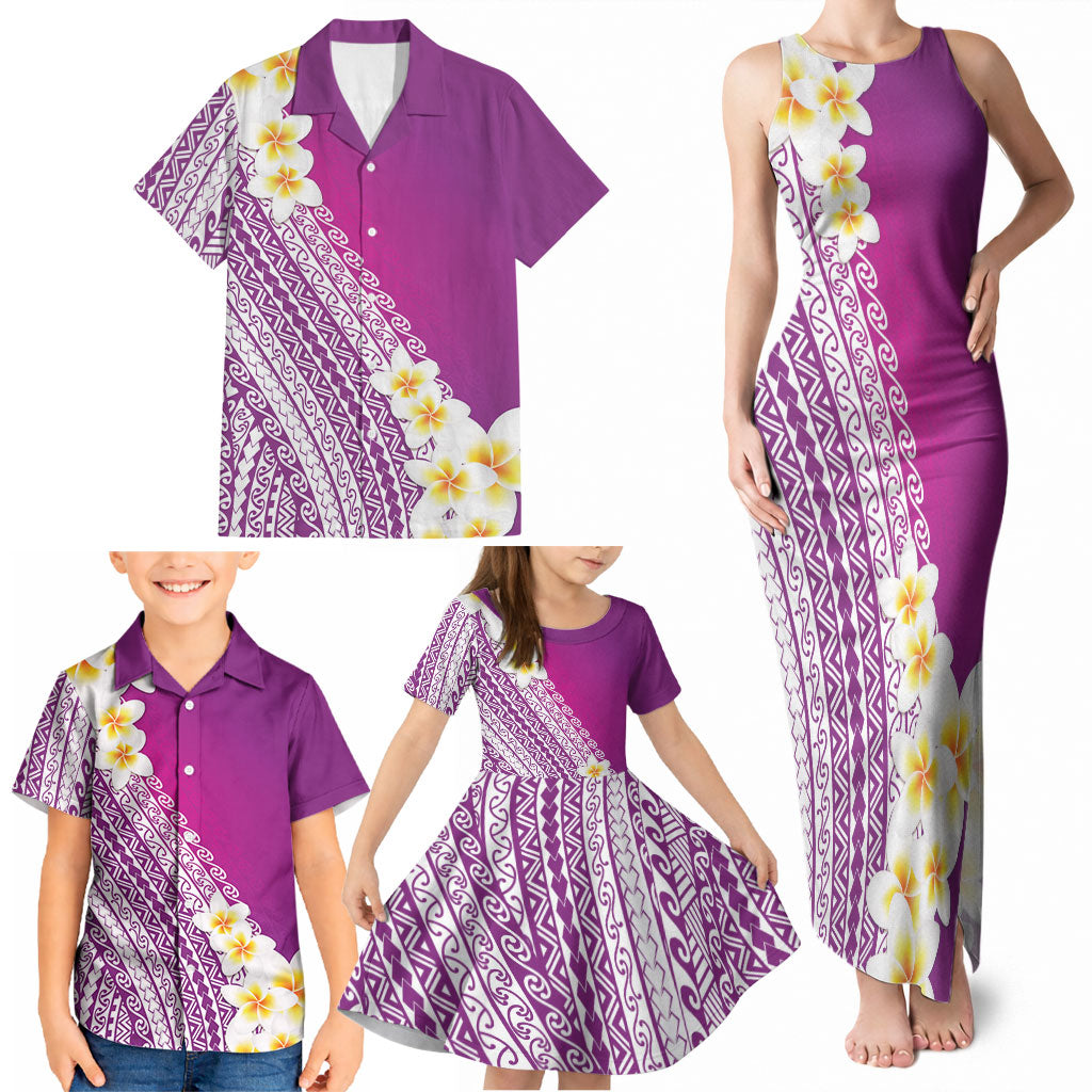 Tahiti Plumeria Tribal Pattern Family Matching Tank Maxi Dress and Hawaiian Shirt Wave Style Purple LT05 - Polynesian Pride
