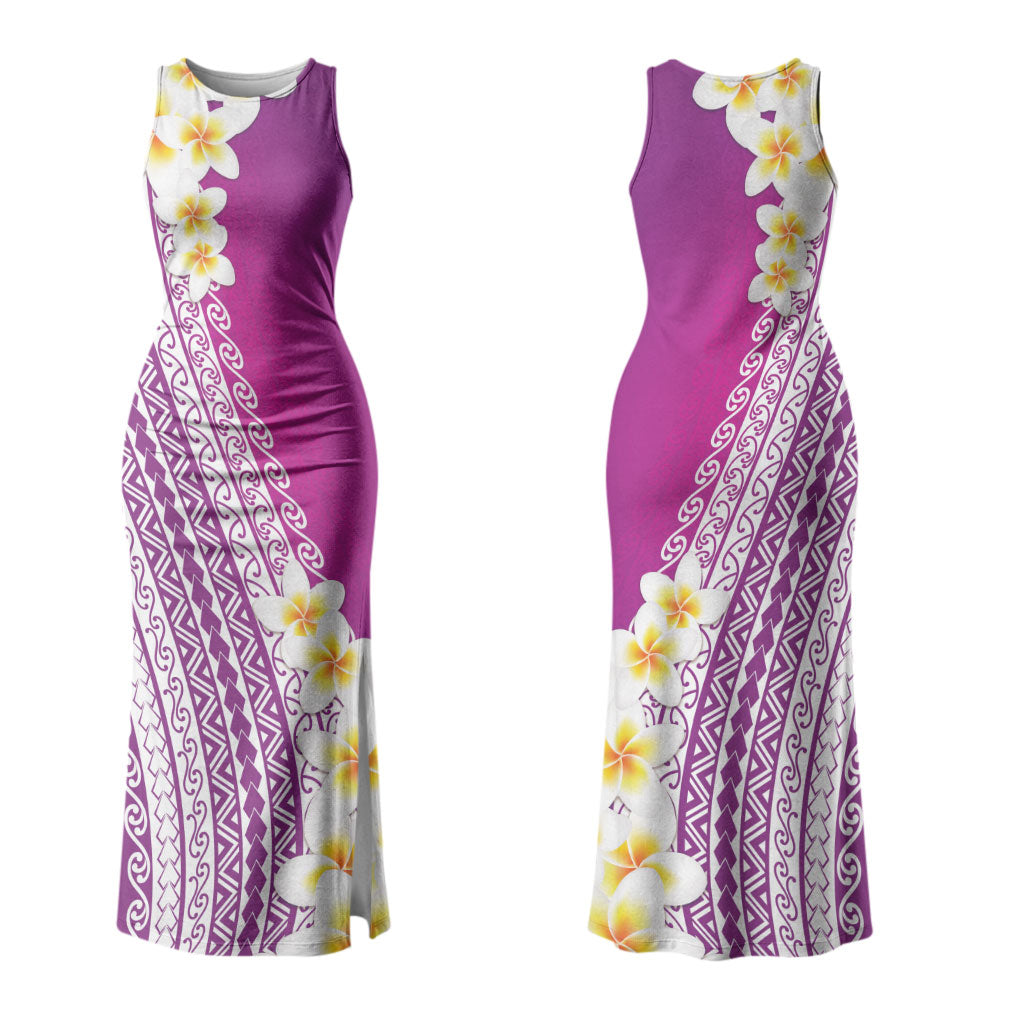 Tahiti Plumeria Tribal Pattern Family Matching Tank Maxi Dress and Hawaiian Shirt Wave Style Purple LT05 Mom's Dress Purple - Polynesian Pride