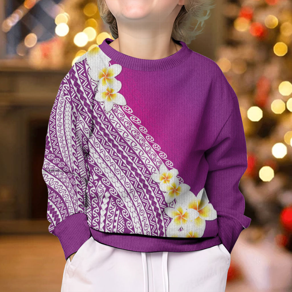Tahiti Plumeria Tribal Pattern Kid Ugly Christmas Sweater Wave Style Purple LT05 - Polynesian Pride