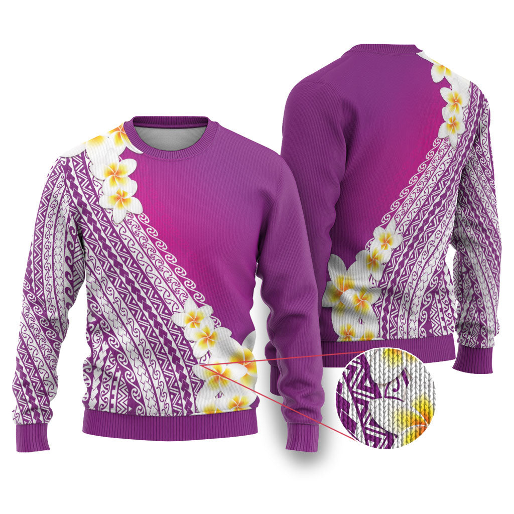 Tahiti Plumeria Tribal Pattern Ugly Christmas Sweater Wave Style Purple LT05 Purple - Polynesian Pride