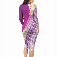 Tahiti Plumeria Tribal Pattern Long Sleeve Bodycon Dress Wave Style Purple LT05 - Polynesian Pride