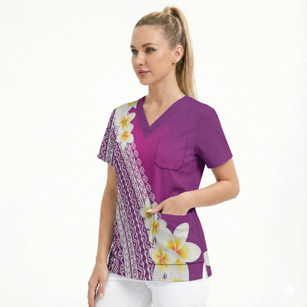 Tahiti Plumeria Tribal Pattern Scrub Top Wave Style Purple LT05 - Polynesian Pride