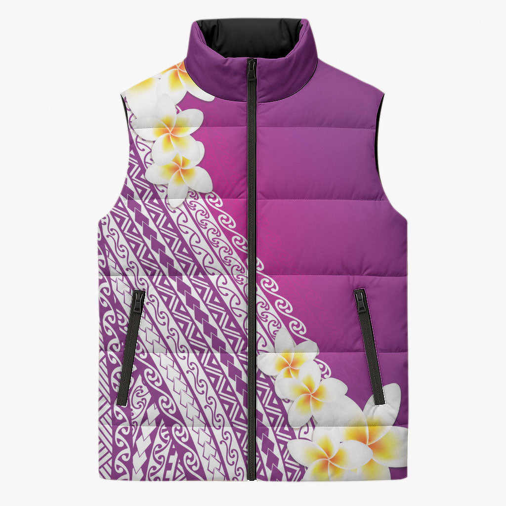 Tahiti Plumeria Tribal Pattern Sleeveless Puffer Jacket Wave Style Purple LT05 Unisex Purple - Polynesian Pride