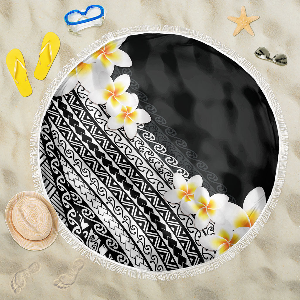 Tahiti Plumeria Tribal Pattern Beach Blanket Wave Style Black LT05 One Size 150cm Black - Polynesian Pride