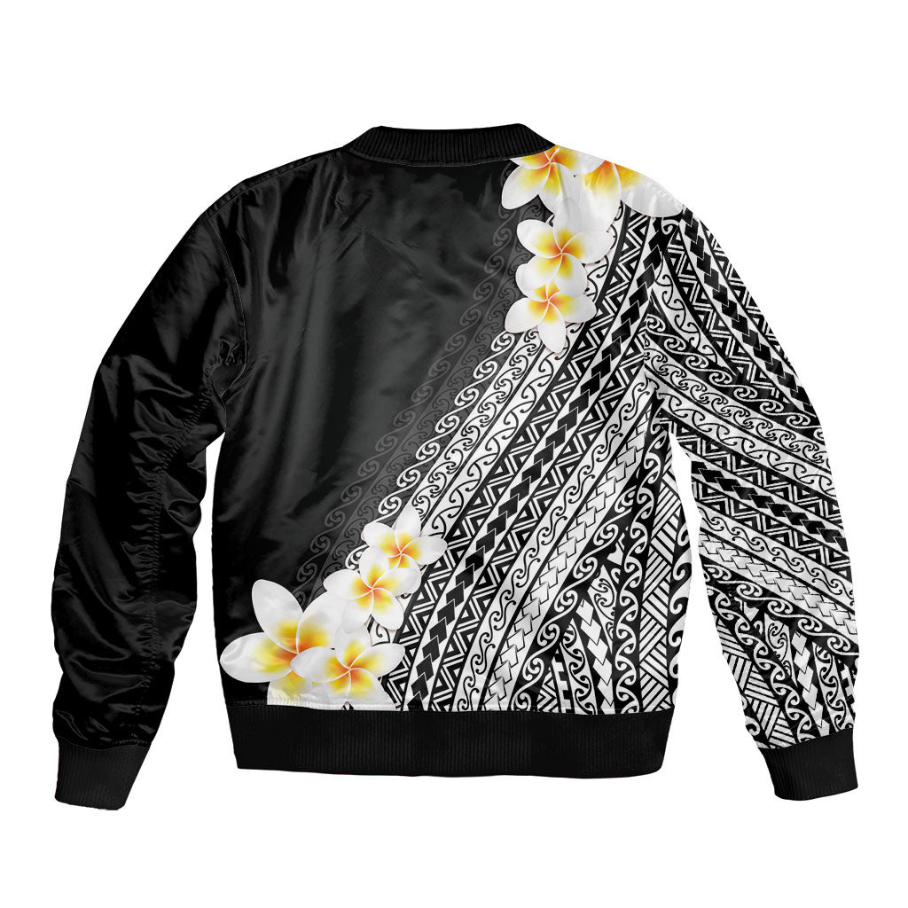 Tahiti Plumeria Tribal Pattern Bomber Jacket Wave Style Black LT05 - Polynesian Pride