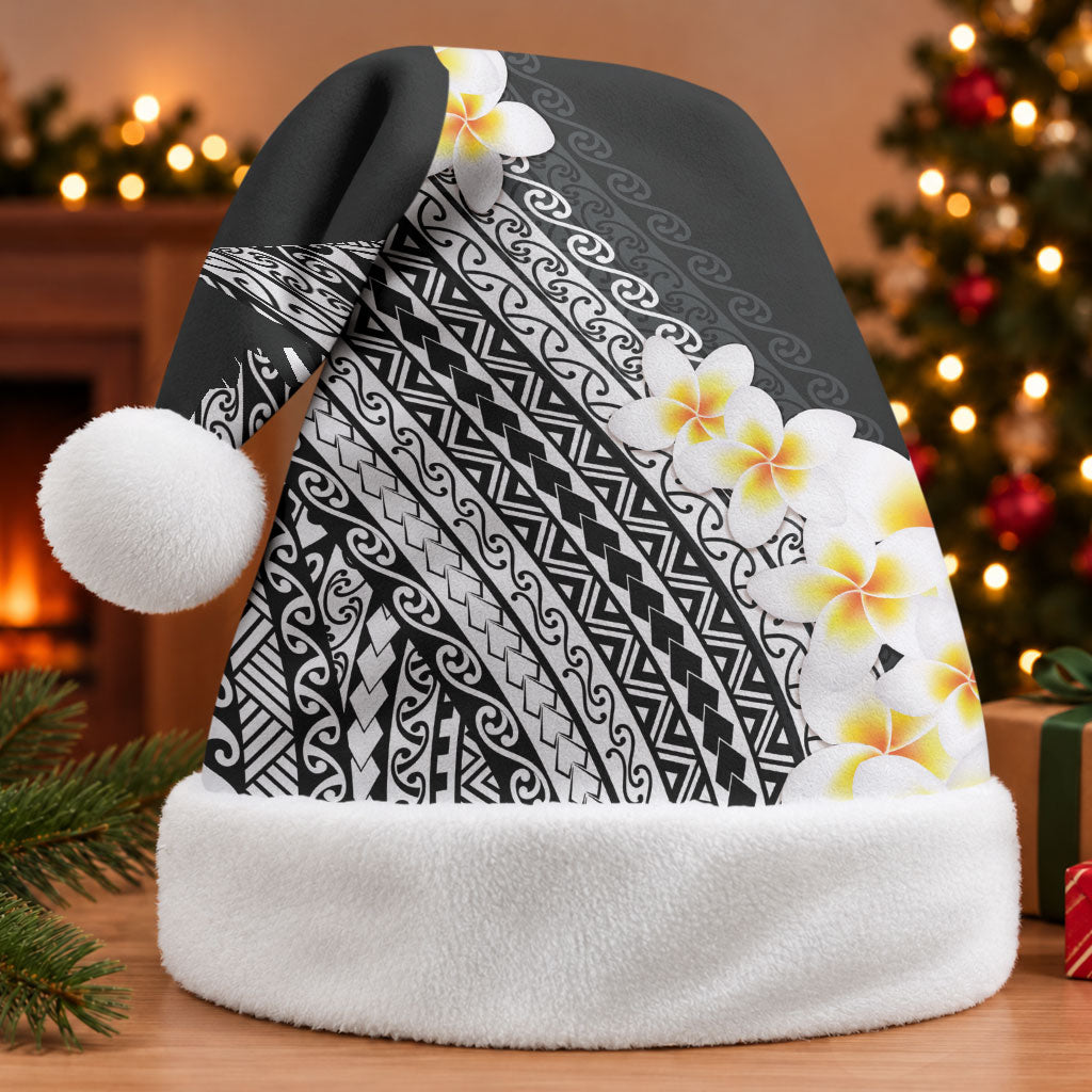Tahiti Plumeria Tribal Pattern Christmas Santa Hat Wave Style Black LT05 Without Fur Black - Polynesian Pride