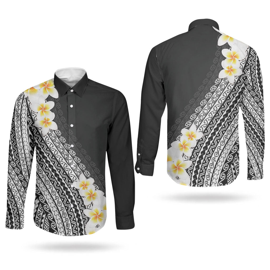 Tahiti Plumeria Tribal Pattern Couples Matching Off Shoulder Maxi Dress and Long Sleeve Button Shirt Wave Style Black LT05 - Polynesian Pride