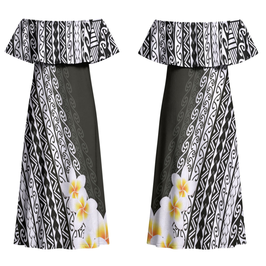 Tahiti Plumeria Tribal Pattern Couples Matching Off Shoulder Maxi Dress and Long Sleeve Button Shirt Wave Style Black LT05 - Polynesian Pride