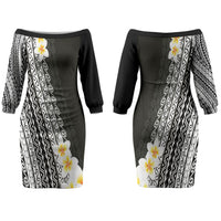 Tahiti Plumeria Tribal Pattern Couples Matching Off The Shoulder Long Sleeve Dress and Hawaiian Shirt Wave Style Black LT05 - Polynesian Pride