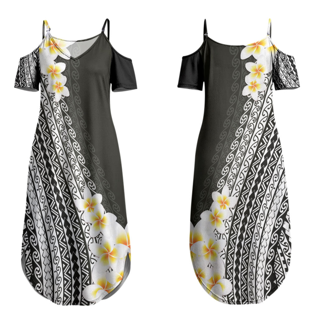 Tahiti Plumeria Tribal Pattern Couples Matching Summer Maxi Dress and Hawaiian Shirt Wave Style Black LT05 - Polynesian Pride