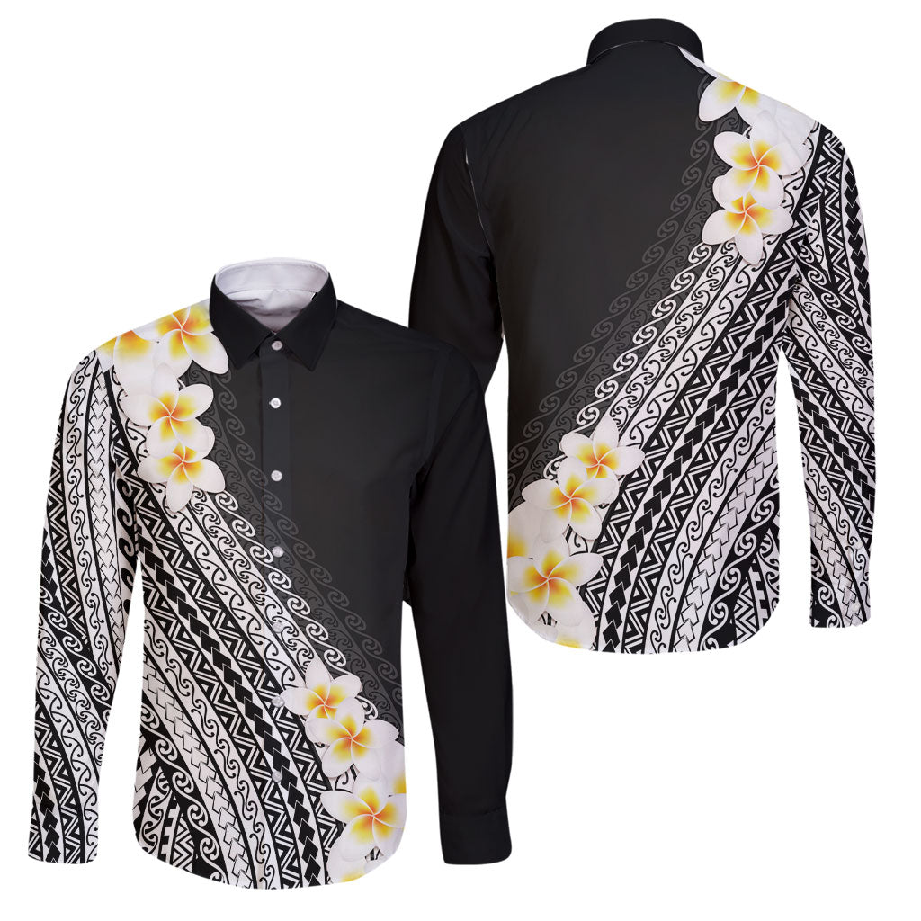 Tahiti Plumeria Tribal Pattern Family Matching Long Sleeve Bodycon Dress and Hawaiian Shirt Wave Style Black LT05 Dad's Shirt - Long Sleeve Black - Polynesian Pride
