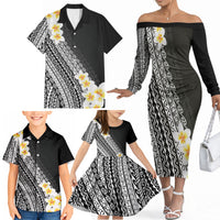 Tahiti Plumeria Tribal Pattern Family Matching Off The Shoulder Long Sleeve Dress and Hawaiian Shirt Wave Style Black LT05 - Polynesian Pride