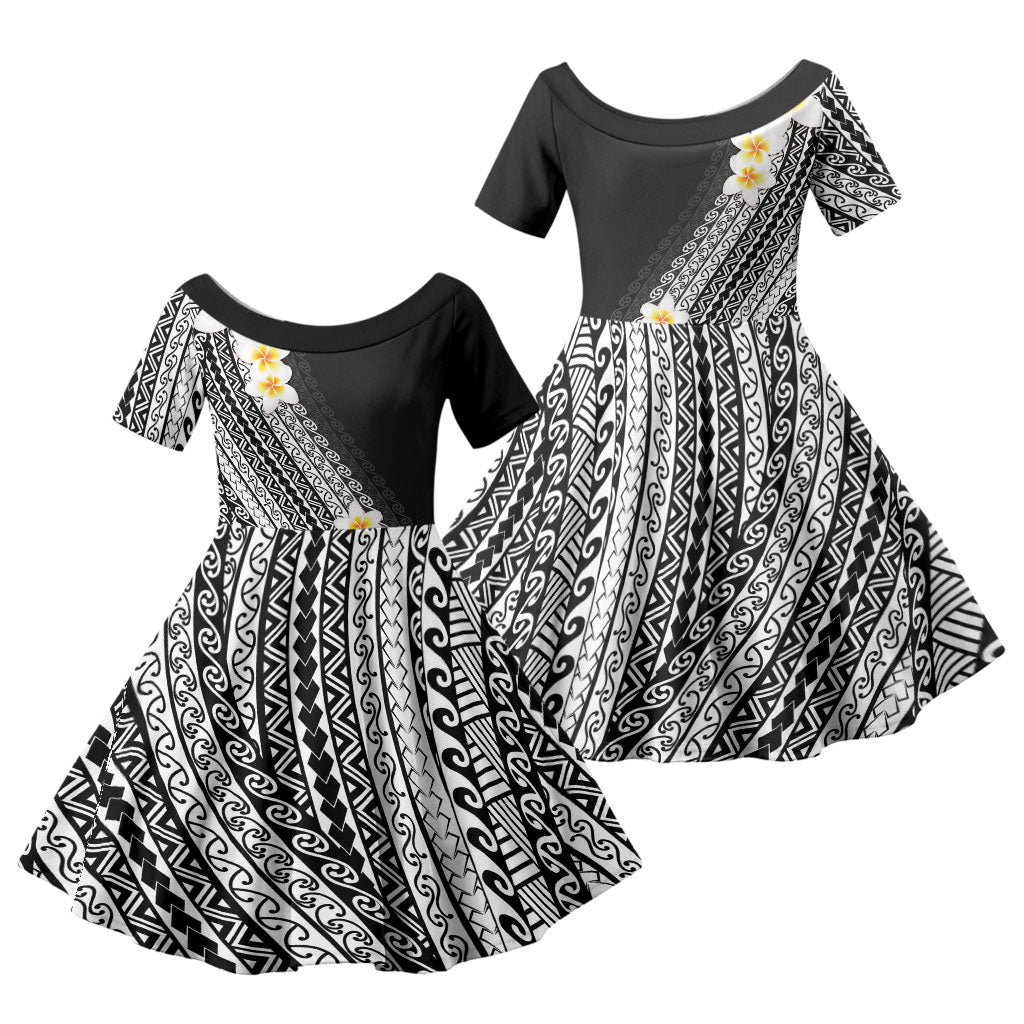 Tahiti Plumeria Tribal Pattern Family Matching Off The Shoulder Long Sleeve Dress and Hawaiian Shirt Wave Style Black LT05 Daughter's Dress Black - Polynesian Pride