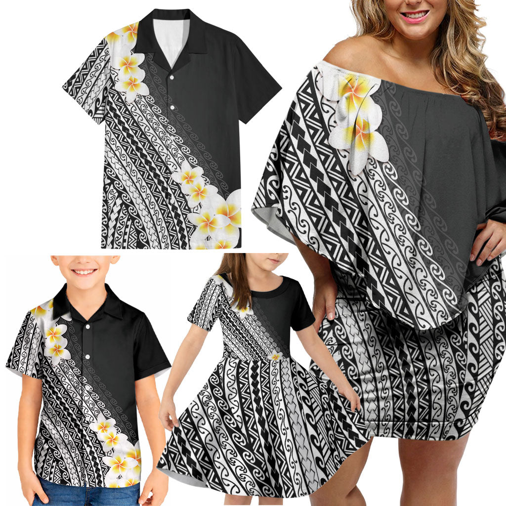 Tahiti Plumeria Tribal Pattern Family Matching Off Shoulder Short Dress and Hawaiian Shirt Wave Style Black LT05 - Polynesian Pride