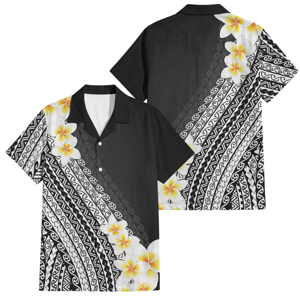 Tahiti Plumeria Tribal Pattern Family Matching Puletasi and Hawaiian Shirt Wave Style Black LT05 Dad's Shirt - Short Sleeve Black - Polynesian Pride