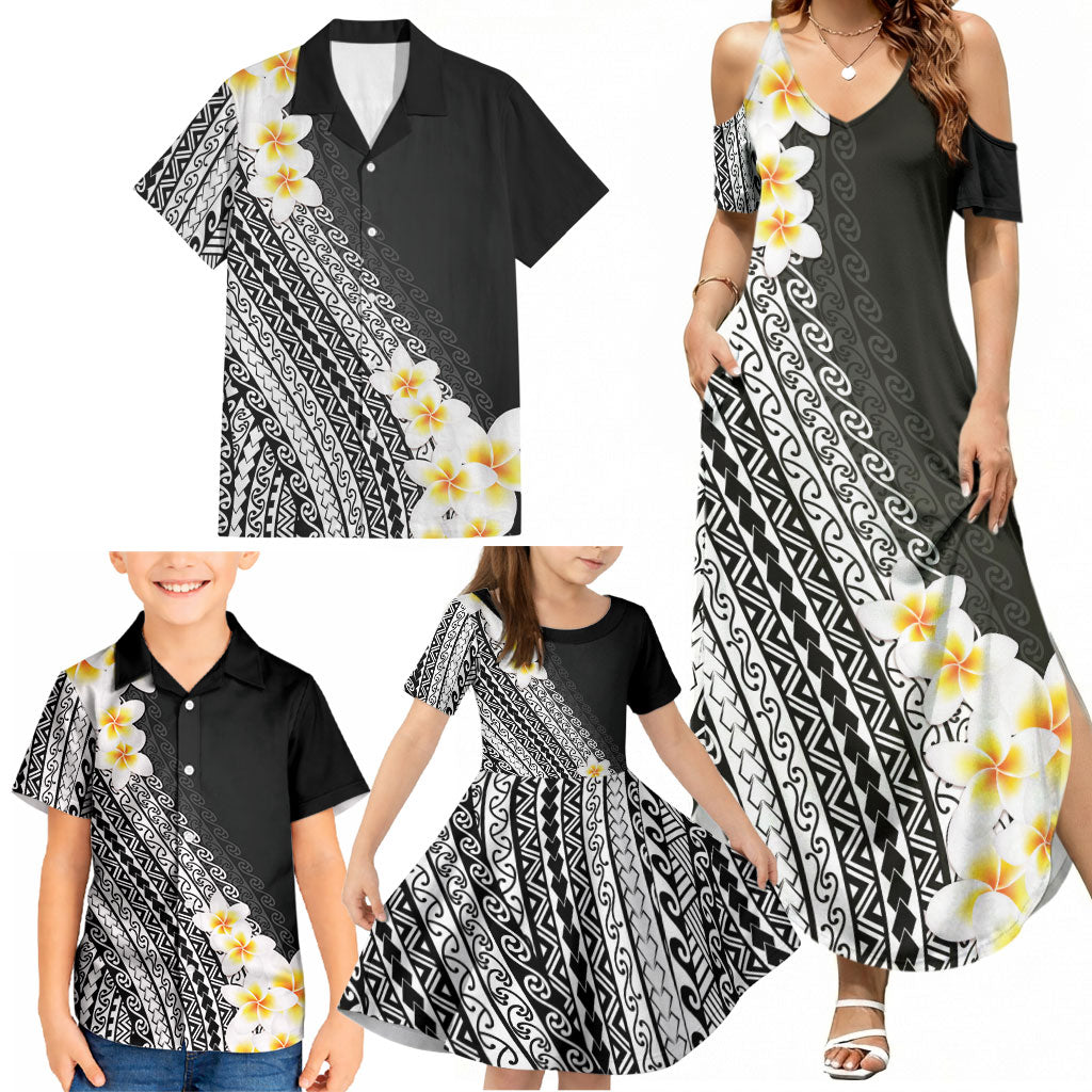 Tahiti Plumeria Tribal Pattern Family Matching Summer Maxi Dress and Hawaiian Shirt Wave Style Black LT05 - Polynesian Pride