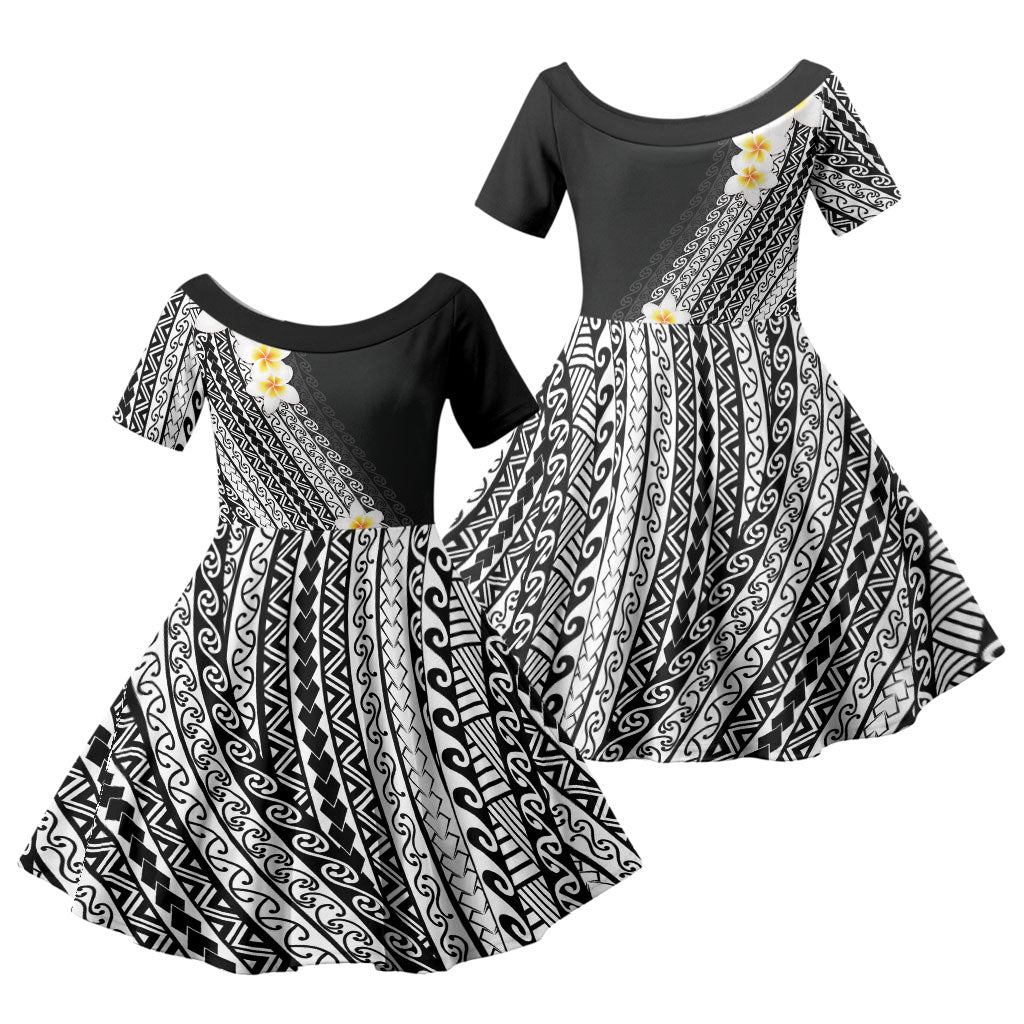 Tahiti Plumeria Tribal Pattern Family Matching Summer Maxi Dress and Hawaiian Shirt Wave Style Black LT05 Daughter's Dress Black - Polynesian Pride