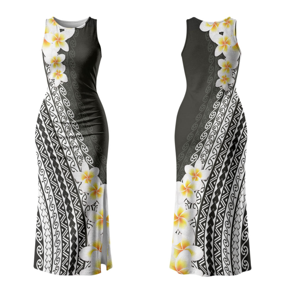 Tahiti Plumeria Tribal Pattern Family Matching Tank Maxi Dress and Hawaiian Shirt Wave Style Black LT05 Mom's Dress Black - Polynesian Pride