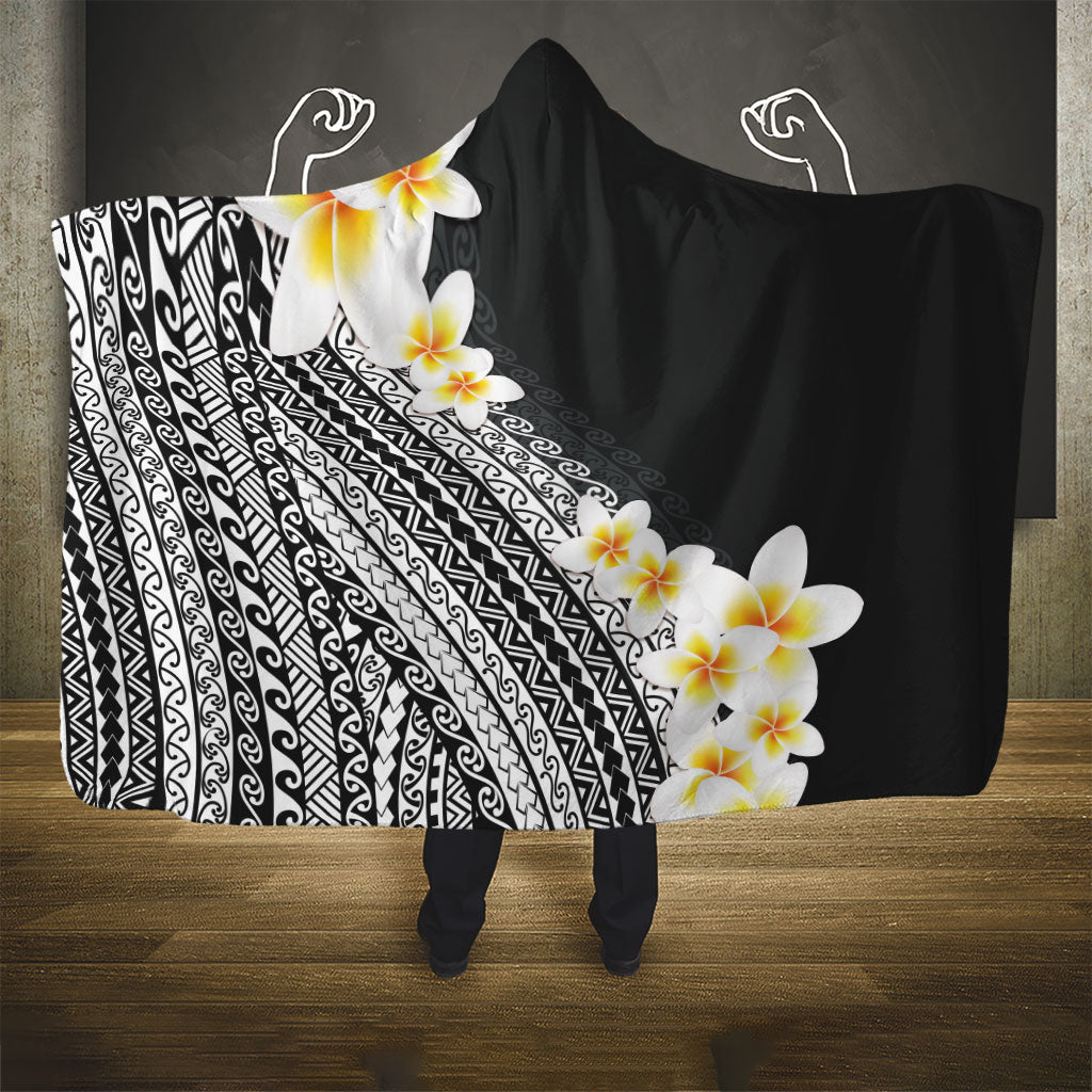 Tahiti Plumeria Tribal Pattern Hooded Blanket Wave Style Black LT05 - Polynesian Pride