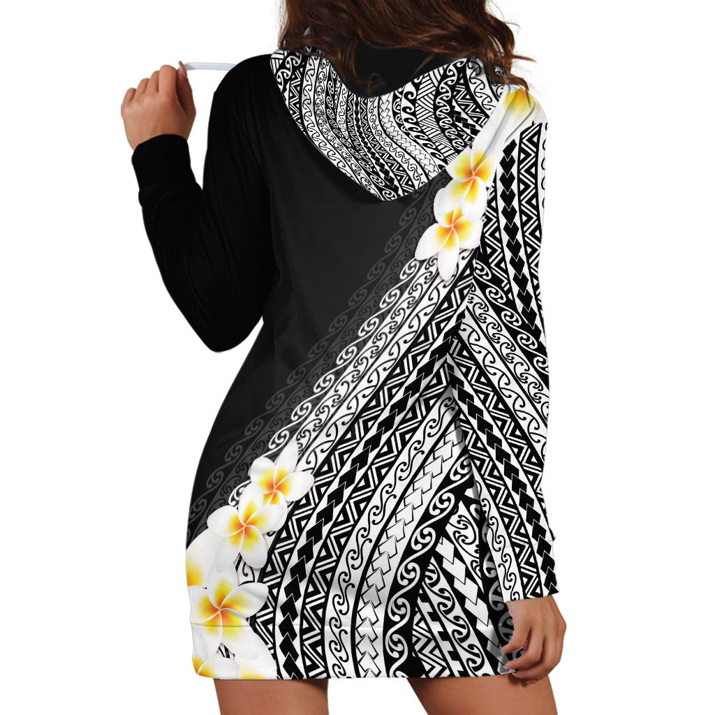 Tahiti Plumeria Tribal Pattern Hoodie Dress Wave Style Black LT05 - Polynesian Pride